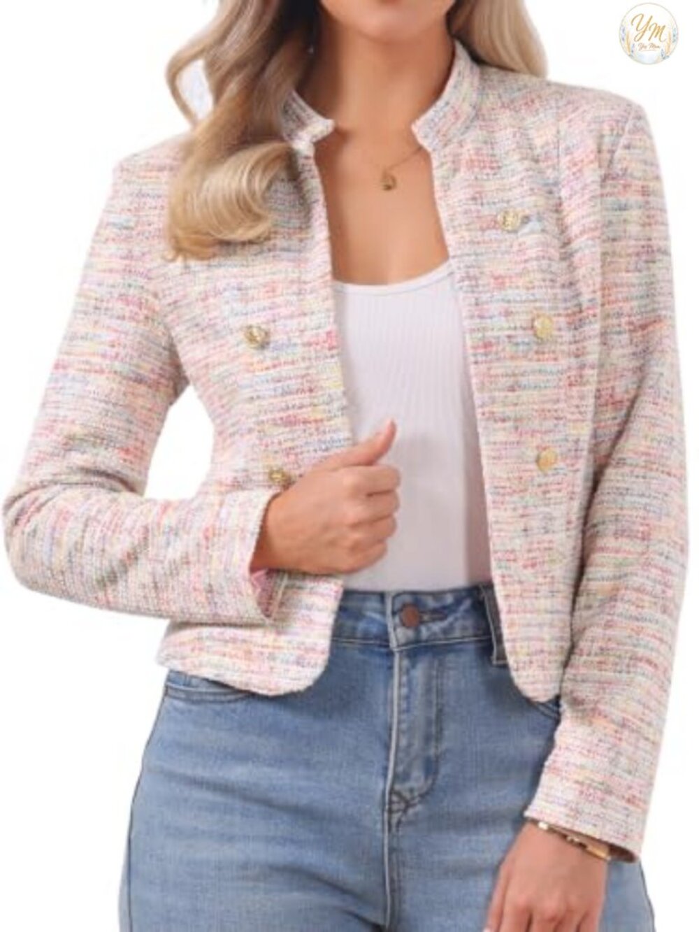 Vintage Tweed Cropped Blazer Business Open Front Stand Collar